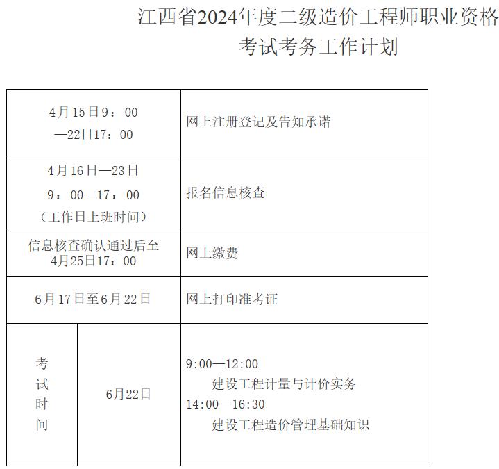 江西省2024年度二級造價工程師職業(yè)資格考試考務工作計劃