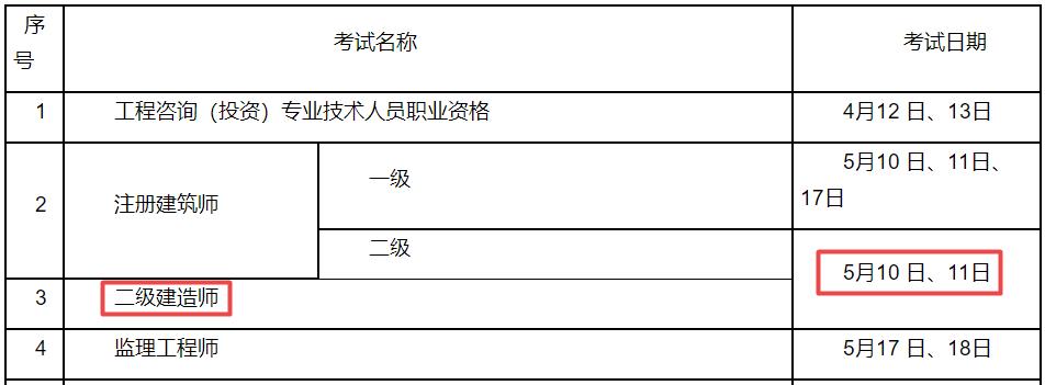 2025年江蘇二級建造師考試時間5月10日、11日