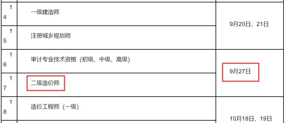 2025年江蘇二級(jí)造價(jià)師考試時(shí)間為9月27日